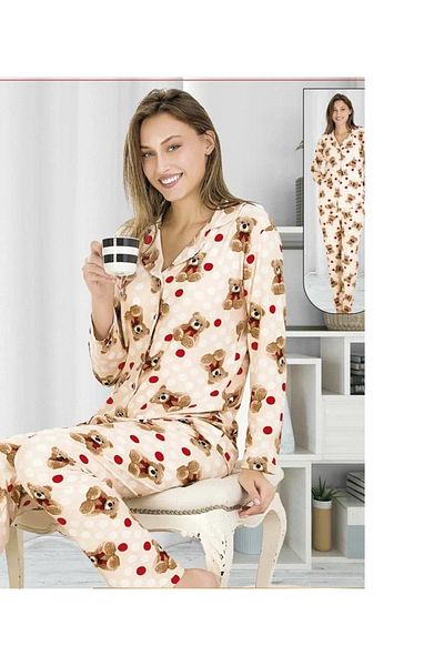 MODA Wonder Girl Women's Pajamas Set Suede Soft Fabric Beige Color Teddy Bear Pattern Narrow Fit