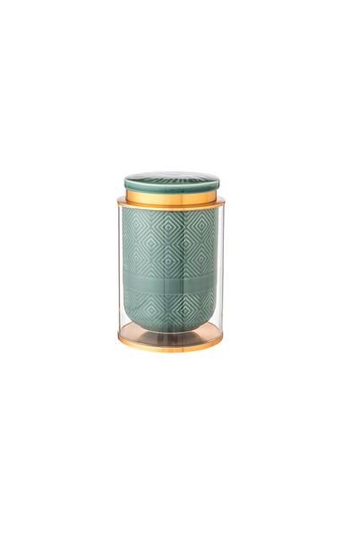 Dania Green porcelain and glass jar with metal lid, 10 x 16