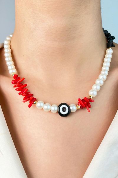 Sose Moda Broken Natural Stone Pearl Necklace with Evil Eye Beads - White