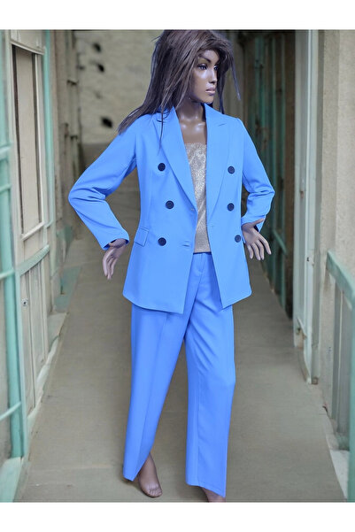 modayiğit Indigo mavi ceket pantolon kadın takım 6 düğmeli