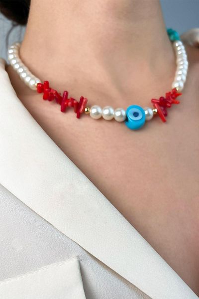 Sose Moda Coral and Turquoise Natural Stone Pearl Necklace with Evil Eye Beads - White