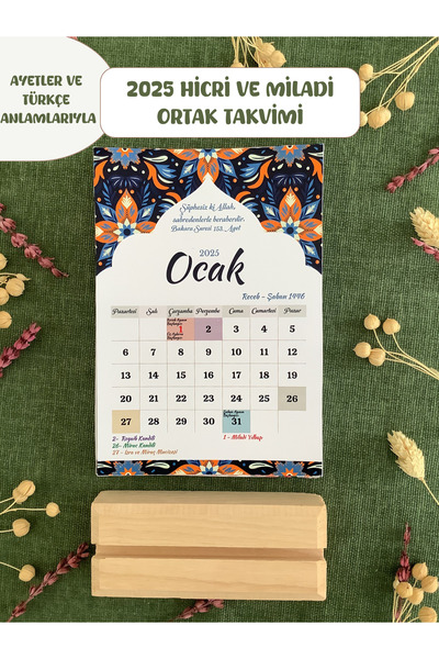 Else Craft 2026 Yılı Hicri ve Miladi Ortak Masaüstü İslami Takvim - Çiçekli - Ahşap Ayaklık Hediyeli-günceldir