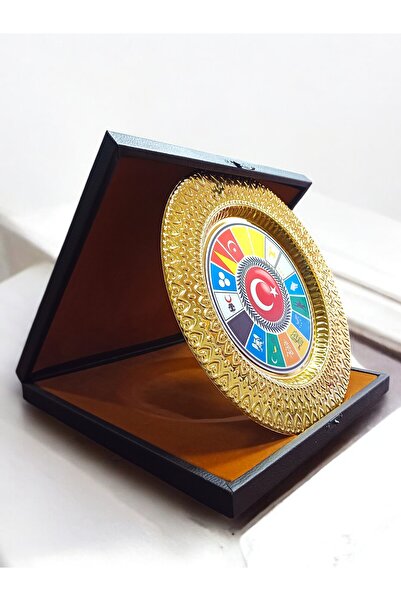 TUNA REKLAM 17 TÜRK DEVLET BAYRAKLARI KAHVERENGİ DERİ KUTU SARI METAL TABAK P...