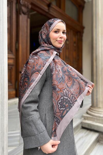 Sultan Soft Pamuk Şal - Retro Desen - SLT3078-07 - Vizon, Gri, Kiremit