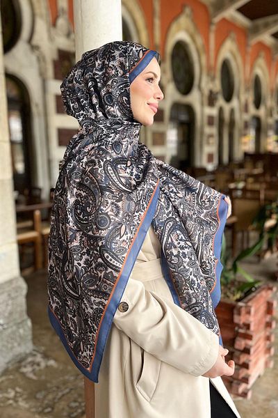 Sultan Soft Cotton Shawl - Ethnic Pattern - Slt1026-10 - Yavruağzı, Blue, Gray