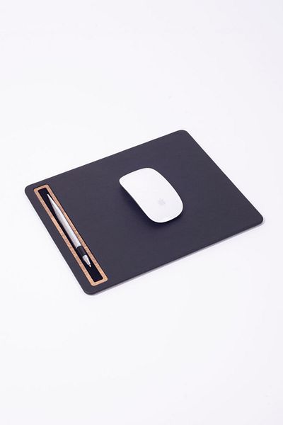 Turgut Office Leather Mousepad Flat Black with Wooden Detail