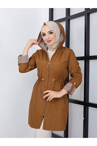 RACE FASHİON Çizgi Desenli Bondit Kumaş Beli Lastikli Kapşonlu Su Geçirmez Trençkot RC905010