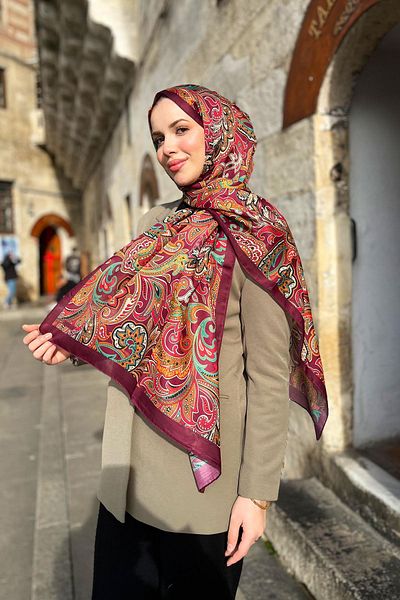 Sultan Soft Cotton Shawl - Retro Pattern - Slt3078-21 - Green, Plum, Orange