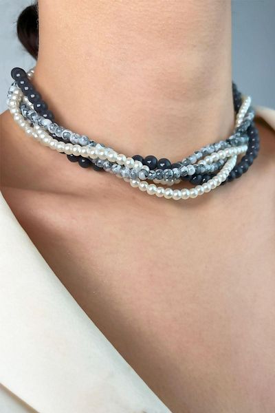 Sose Moda Coiled Necklace with Crystal Beads and Pearls - Gray