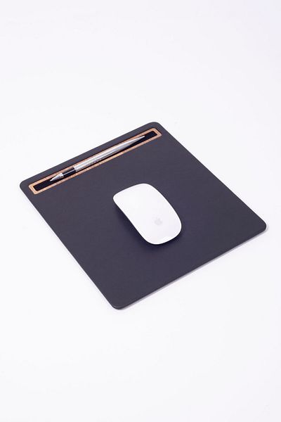 Turgut Office Leather Mousepad Flat Black with Wooden Detail