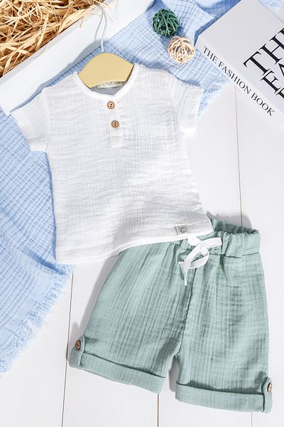 Babymod Summer Baby Boy Set with 100% Cotton Muslin Buttoned Bottom and Top Shorts