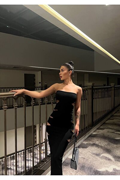 Miss Scuba Crep Kumaş Yanları Dekolteli Straplez Uzun Elbise.