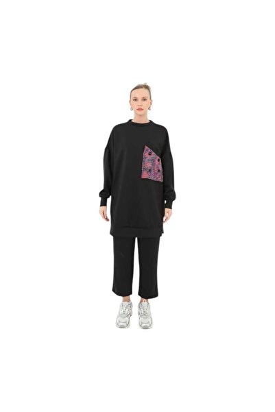 Puane Women's Crew Neck Scuba Fabric Shiny Pocket Detailed Tunic