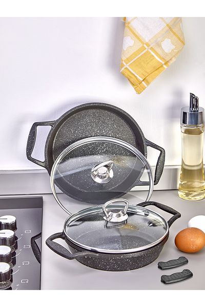 ESIVITALIA Casting Granite Glass Lid Sahan Set 16 cm and 18 cm