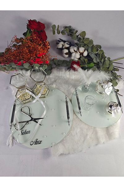 Basic Creation Double White Pearl Detailed Tray - Coffee Color Wishing Tray