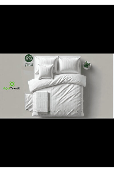 ağol tekstil طقم غطاء لحاف أبيض مخطط باللون الرمادي من القطن المزدوج