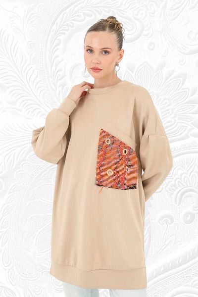 Puane Women's Crew Neck Scuba Fabric Shiny Pocket Detailed Tunic