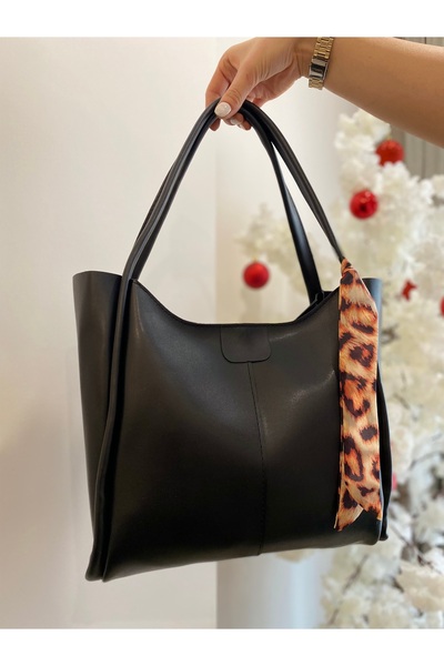 Butik Siyah Leopar Fular Detaylı Fermuarlı Kadın Deri Omuz Çantası