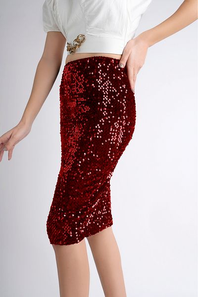 sermoda 65 Cm Above Knee 164 Sequin Pencil Skirt Red