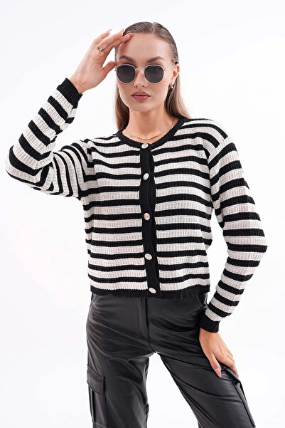 Paydey Baby Collar Black Striped Knitwear Women's Cardigan