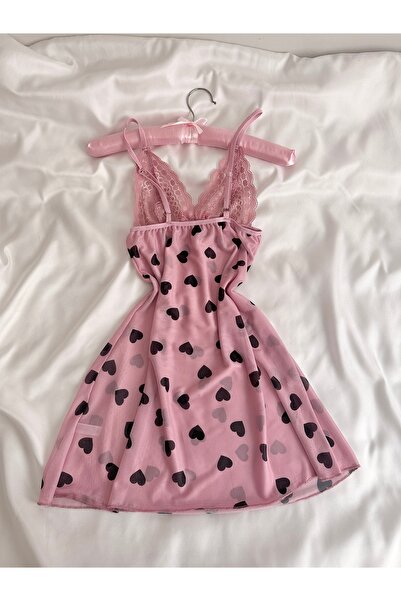 EDLİNGERİE Pink Heart Patterned Tulle Nightgown