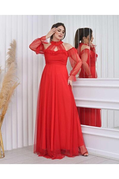 sarebutik Plus Size Red Tulle Long Evening Dress