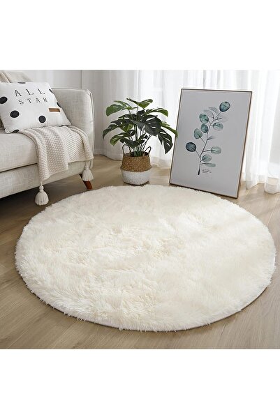 Vila Nova Home Ekru Açık Krem Peluş Yumuşak Yuvarlak Kaymaz Taban Yıkanabilir Halı