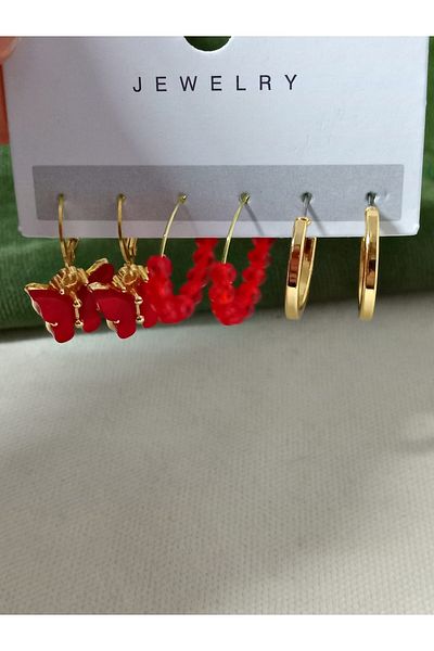 mos&more Set of 6 Red Butterfly Beads Hoop Women's Earrings