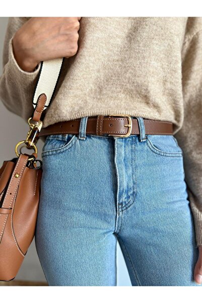 Eksibir Gold Tokalı Dikişli Taba Rengi Kadın Kemeri Pantolon Kemeri Elbise Ke...