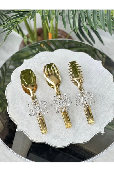 hediye ESTERHOMEDECOR طقم مكون من 3 ملاعق وملقط من الحجر الذهبي الملون