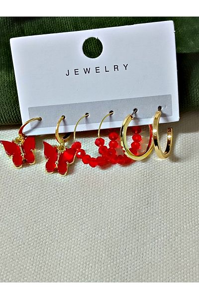 mos&more Set of 6 Red Butterfly Beads Hoop Women's Earrings