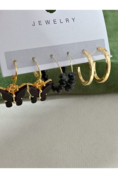 mos&more Set of 6 Black Butterfly Beaded Hoop Women's Earrings