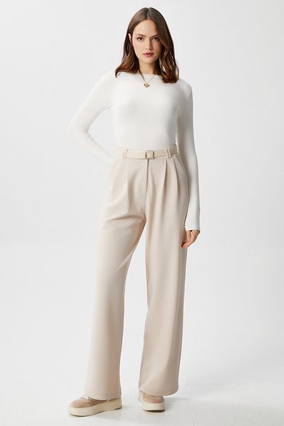 Ritnice Women's Rena Belted Lycra Light Beige Palazzo Trousers