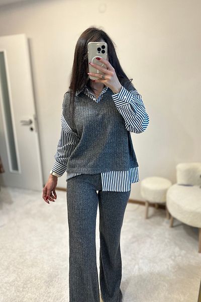 MoyStore Yumoş Striped Knitwear Shirt Pants Set