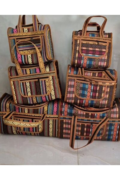 çaymekani 3'lü Otantik Hasır Model Kamp,Piknik,Aile El Çantası Renkli