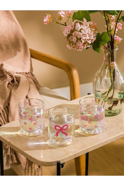 LC Waikiki Lcw Home Pink Ribbon Printed Glass Water Cup Set of 3 280 ml