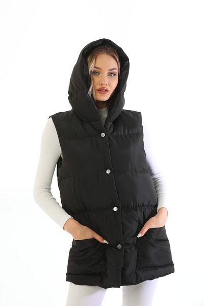ÖNDER MODA Women's Black Water and Windproof Oversize Hooded Seasonal Puffer Vest - 96