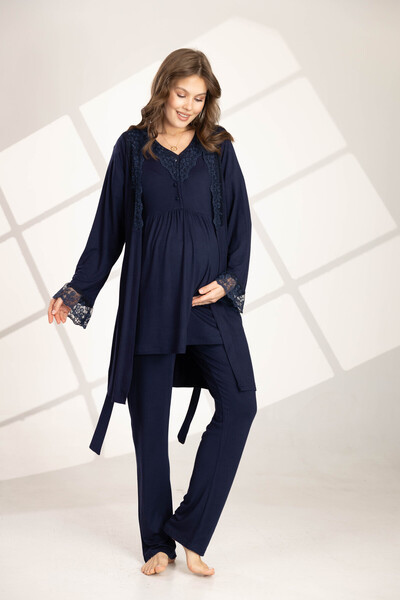Hamile Tekstil Navy Blue Laced Maternity Pajamas Set with Dressing Gown
