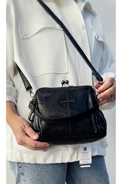 Just Polo KADIN SİYAH YIKAMALI DERİ ÇOK BÖLMELİ OMUZ ÇANTASI