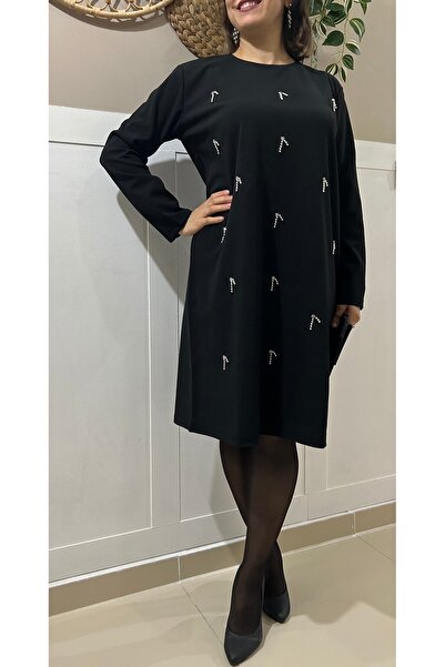 leilas Μεγάλο μέγεθος Νέας σεζόν Μαύρο Χρώμα Πέτρινο Κεντημένο Μακρυμάνικο Lycra Κομψό Κρεπ Φόρεμα (BOY 97CM)