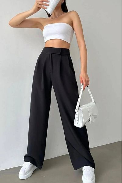 BILDEŞA Women's High Waist Elastic Waist Velcro Palazzo Pants Plaszo Spanish Wide Leg Fabric Pants