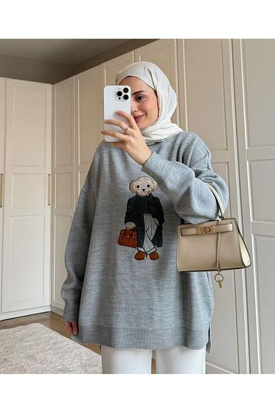 ÖNDER MODA Pulover din tricotaje brodate cu textura moale, gri cu gât rotund