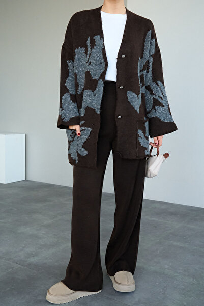 LOOSH Kadın Acı Kahve Yüksek Bel Lastik Detaylı Geniş Paça Triko Pantolon