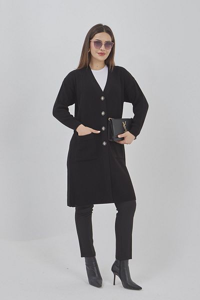 Fresh&Moda Women's Long Knitwear Seasonal Pocket Buttoned Lycra Cardigan