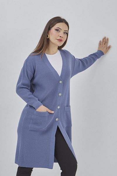 Fresh&Moda Tricotaj lungi de damă Cardigan sezonier din lycra cu buzunare și nasturi