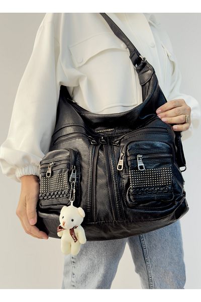 GP GUES POLO Just Polo Women's Black Imported Leather Bag Shoulder and Backpack