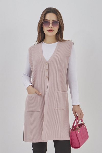 Fresh&Moda Women's Long Seasonal Knitwear Lycra Flexible Pocket Buttoned Vest