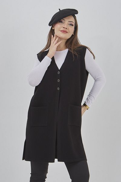 Fresh&Moda Women's Long Seasonal Knitwear Lycra Flexible Pocket Buttoned Vest