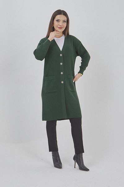 Fresh&Moda Women's Long Knitwear Seasonal Pocket Buttoned Lycra Cardigan