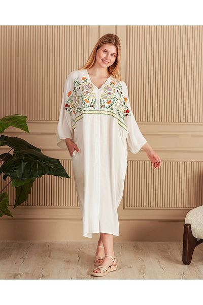 BeyzaBayram White Embroidered Viscose Midi Dress - Plus Size, Buttoned